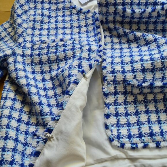 Ann Taylor Women’s Cropped Fringe Tweed Jacket Blue white Sz 8 office preppy - Picture 6 of 14